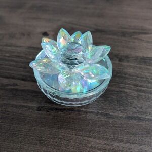 Sagebrook Home Crystal Lotus Trinket Box Iridescent Rainbow Glass Flower Jar Lid